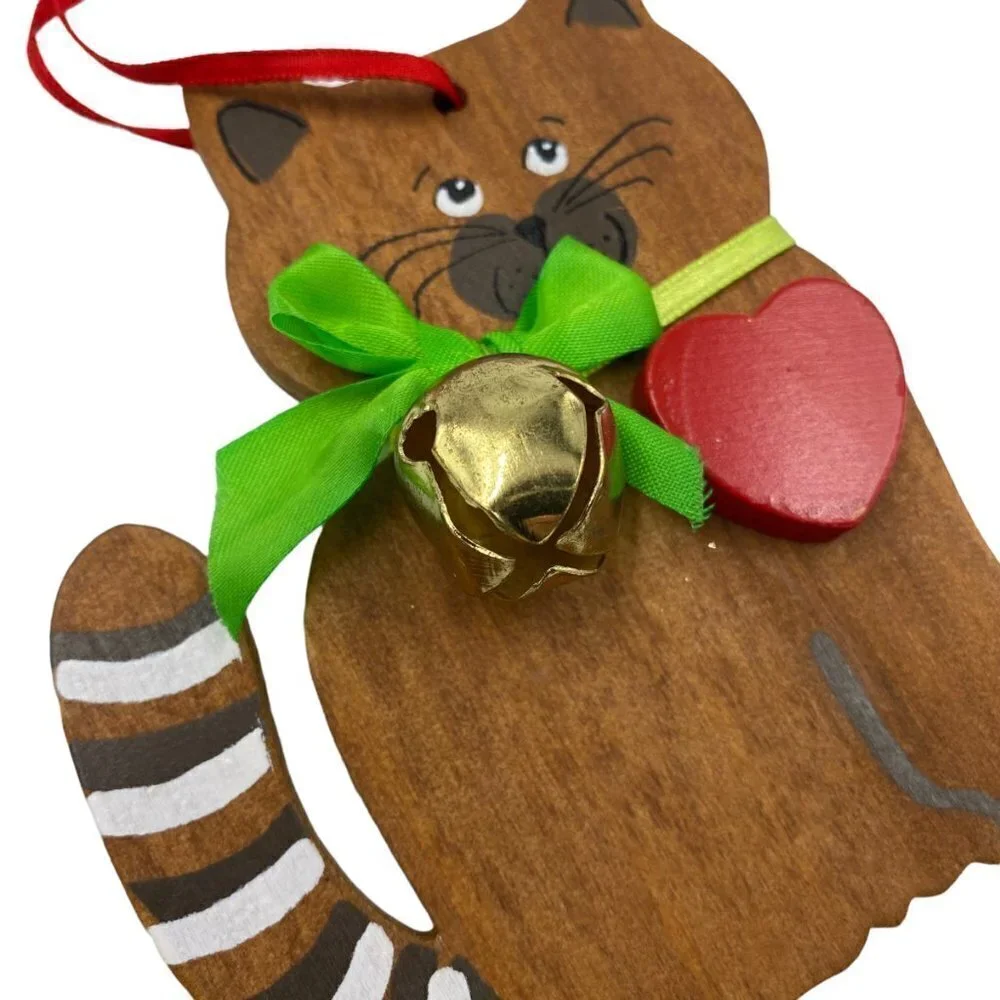 Cat Ornament Vintage Kurt Adler Wooden Christmas Ornament 1988 with Heart Rustic